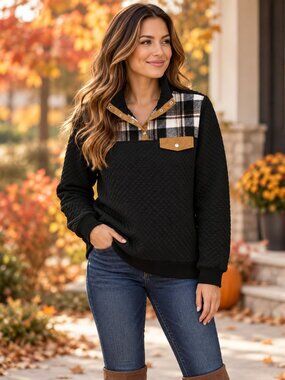 Olive & Leaf Black Quilted Cozy Plaid Snap Neck Pullover Sweatshirt M
